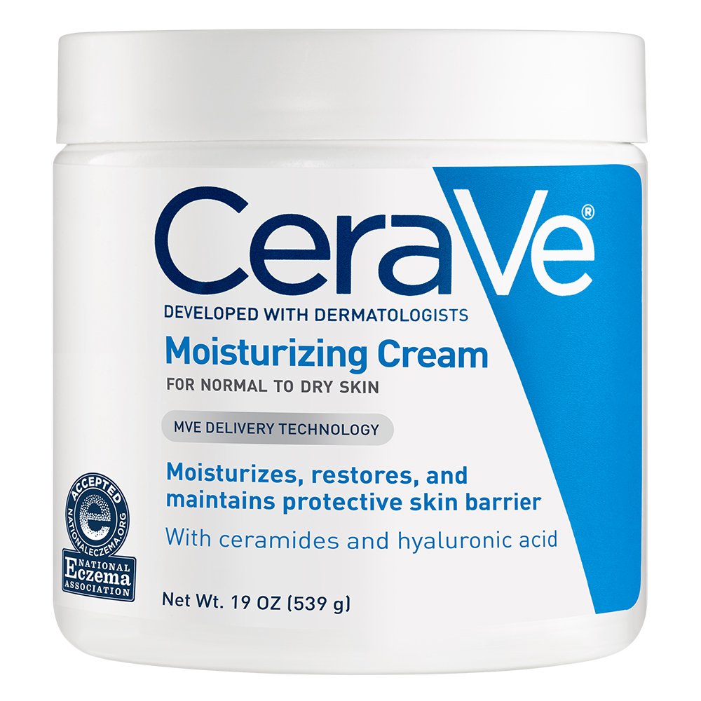 CeraVe Moisturizing Cream in a 19-ounce white jar with blue label, daily face and body moisturizer for dry skin, fragrance-free formula with ceramides and hyaluronic acid.