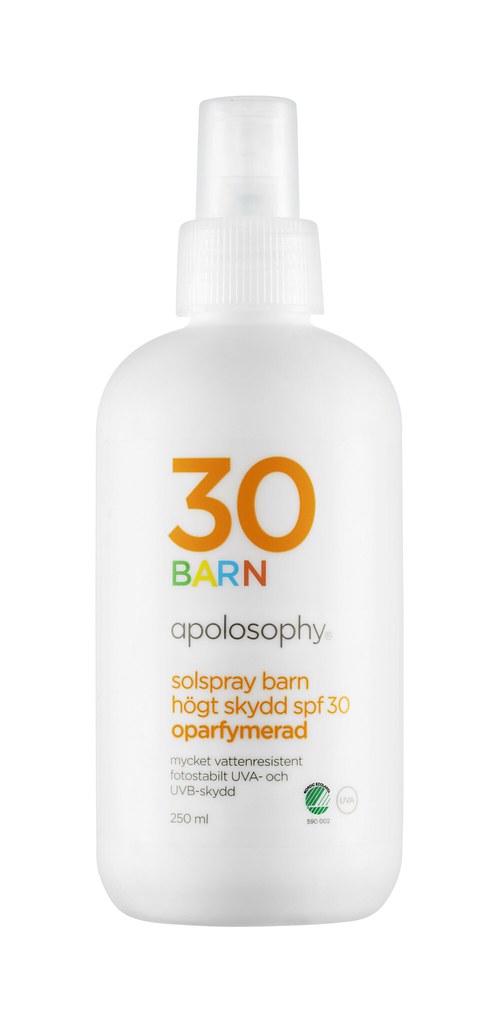 Apolosophy Solspray Barn SPF 30 in a 200ml spray bottle, sunscreen for kids with broad spectrum UVA and UVB protection, water-resistant formula for sensitive skin.